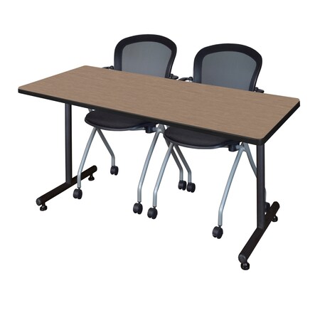 Regency Kobe T-Base Training Seminar Table W/ 2 Cadence Stack Chairs, 72 in W, 30 in L, Noble Oak MKTRCT7230NO23BK