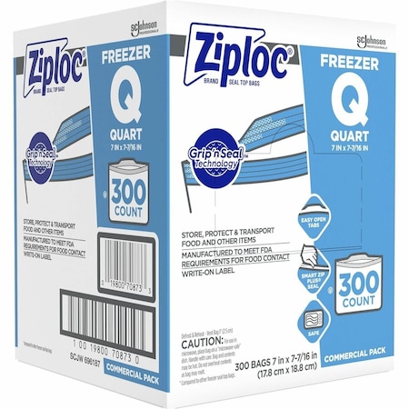 Ziploc Double Zipper Freezer Bags, 1 qt, 2.7 mil, 7" x 7.75", Clear, PK300 696187