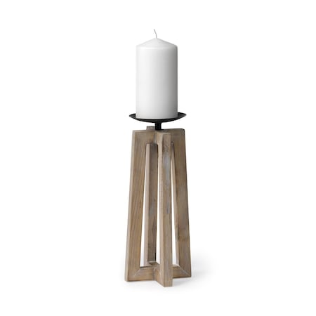 Homeroots 12" Light Brown Distressed Geometric Solid Wood And Metal Tabletop Pillar Candle Holder 608524
