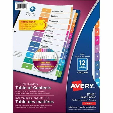 Avery Dennison Avery Ready Index T.O.C. Reference Divider, 1 to 12, 8.5"x11", 12 Tabs, White/Multi 11141