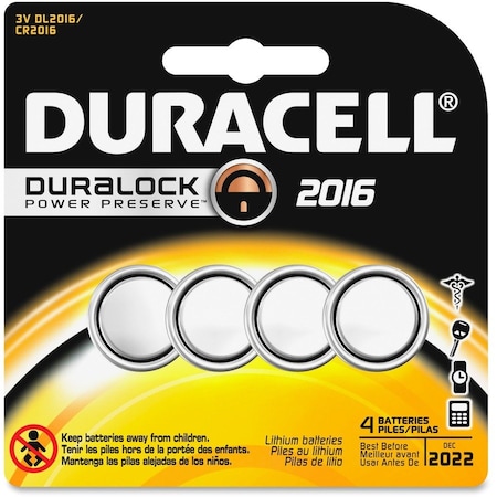 Duracell Lithium 3V Security Batteries - For Multipurpose - CR2016 - 90 mAh - 3 V DC - 4 / Each, PK4 DL2016B4PK