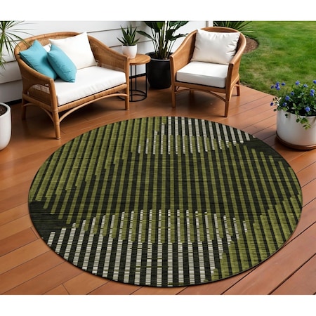 Homeroots 8' Olive Green And Black Round Geometric Washable Indoor Outdoor Area Rug 597645