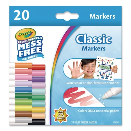 Crayola Color Wonder Mess-Free Markers, Broad Bullet Tips, Assorted Colors, 20PK 75-2857