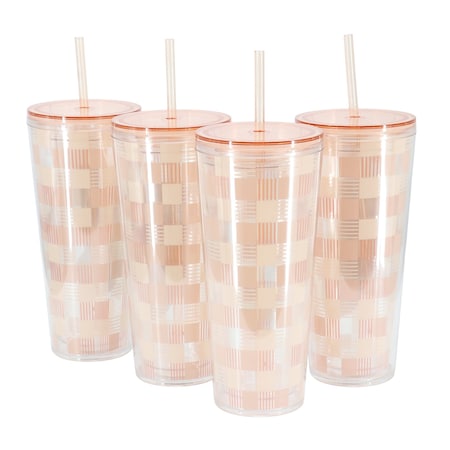 Mr. Coffee Modern Euphoria 4 Piece 23 Ounce Plastic Tumbler with Straw and Lid Set in Pink 136625.01