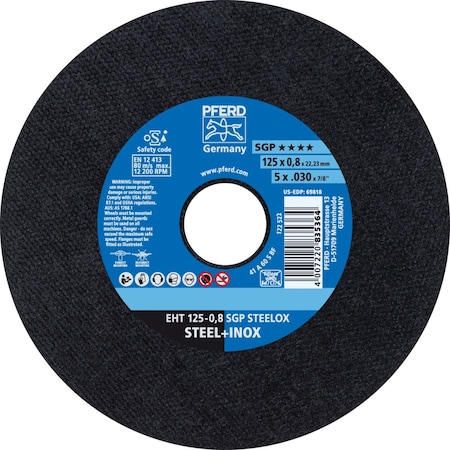 Pferd Cut-Off Wheel, Type 1, 5 in Dia, 0.030 in Thick, 7/8 in Arbor Hole Size, Aluminum Oxide 69818