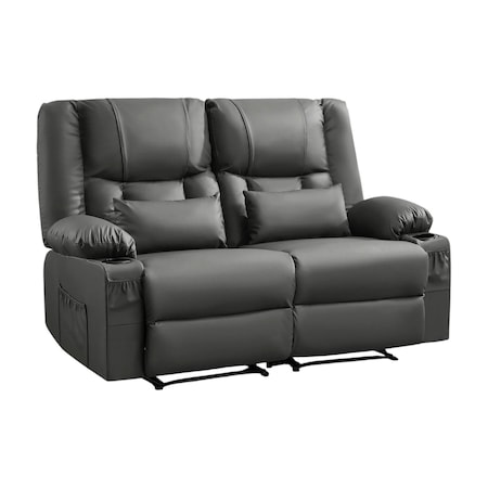 Homeroots 62in Gray Faux Leather Manual Reclining Loveseat With Storage and Toss Pillows 721193