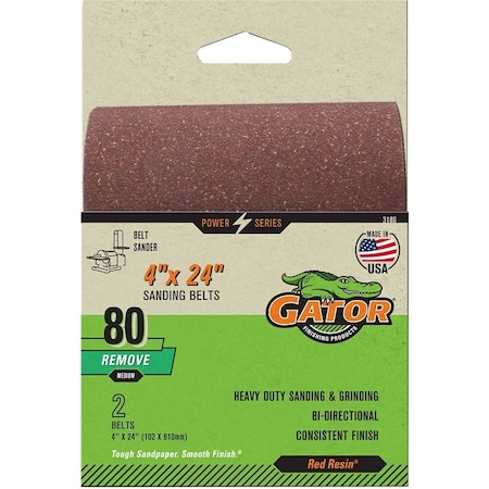 Gator Sanding Belt, 4 in W, 24 in L, 80 Grit, Medium, Aluminum Oxide Abrasive 3186