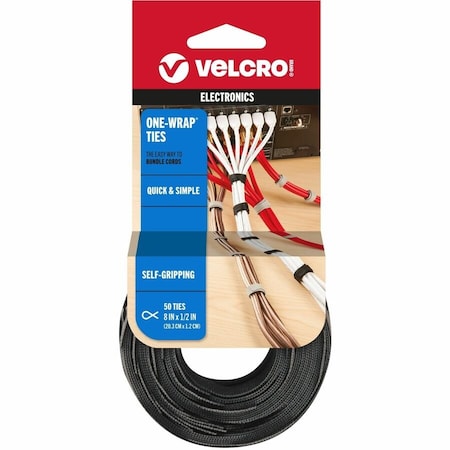 Velcro Brand Cable Tie, 8 in L, Black, Gray, Nylon 90924
