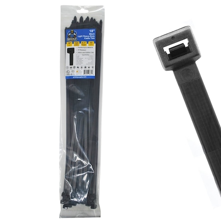 Grizzly Supply Cable Tie, 18 in L, 120 lb Strength, 4.7 in Max Bundle Dia, Nylon 6/6, UV Resistant, Black, 50PK GS-LHD18-120-0L
