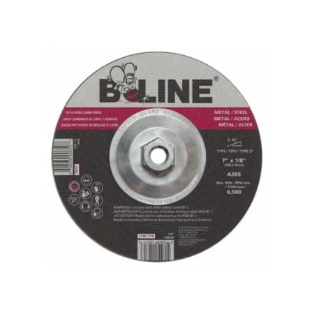 B-Line Abrasives Depressed Center Combo Wheel, 7 in dia, 1/8 in Thick, 7/8 in Arbor, 30 Grit, Aluminum Oxide, 10PK 903-27RC778