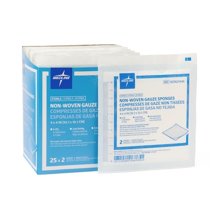 Medline Gauze Sterile Nonwoven 6-Ply Sponges, 4in x 4in, 50PK NON21446Z