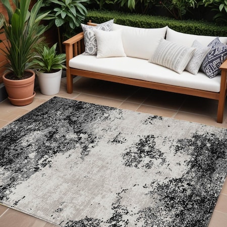 Homeroots 10' X 14' Black Gray And Ivory Abstract Washable Indoor Outdoor Area Rug 599465