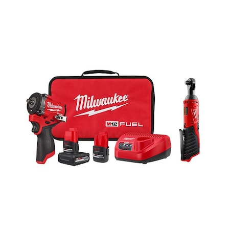 Milwaukee Tool M12 FUEL Impact Wrench Kit + M12 Ratchet 2562-22, 2457-20