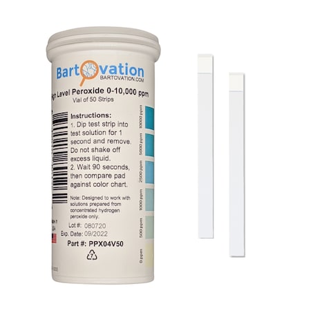 Bartovation High Level Hydrogen Peroxide H2O2 Test Strips, 0-10000 ppm [Vial of 50 Strips] PPX04V50