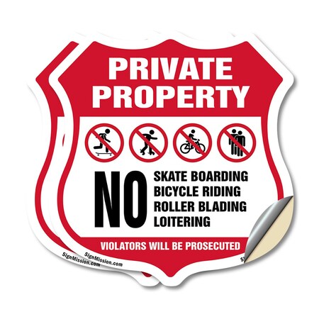 Signmission Private Property Shield Sign No Skateboa, 6 inch X 6 inch, Vinyl Decal, 2PK SHI-D-2PACK-6-442