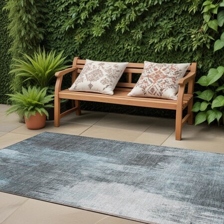 Homeroots 8' Runner Teal Abstract Washable Non Skid Indoor Outdoor Runner Rug 563620