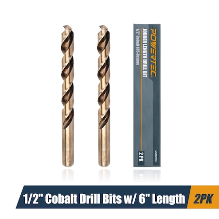 Powertec 1/2" Cobalt Drill Bits 6" Length, M35 HSS Jobber Length Twist Bits with 135 Deg Tip, 2PK QDB2012