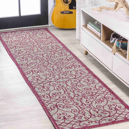 Jonathan Y Madrid Vintage Filigree Textured Weave Light Gray/Fuchsia 2 ft. x 10 ft. Indoor/Outdoor Runner Rug SMB107I-210