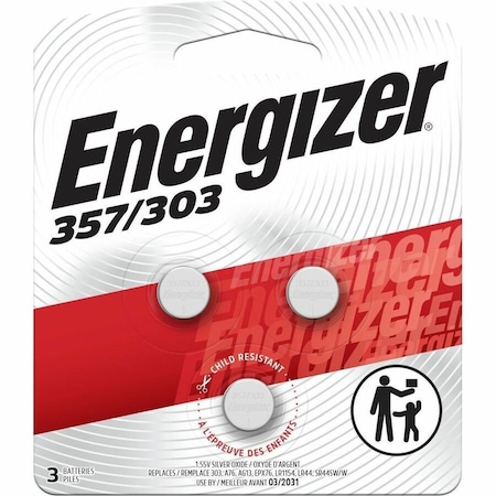 Energizer 357/303 Silver Oxide Button Battery, 3 Pack - For Multipurpose - 1.55 V DC - 3 / Pack 357BPZ-3