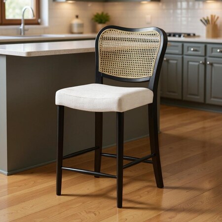 Homeroots 26" White Black and Natural Fabric Rattan and Solid Wood Counter Height Bar Chair 632468