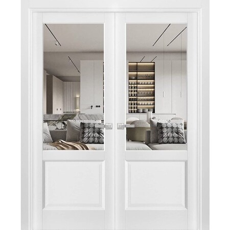 Sartodoors Solid French Double Doors, Lucia 1533 White Silk with Clear Glass, Wood Solid Panel Frame Trims, LUCIA1533DD-WS-6084