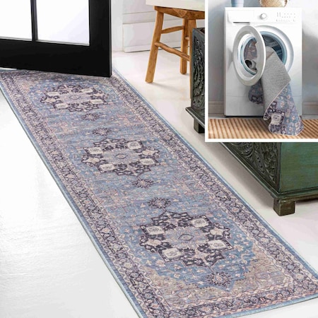 Jonathan Y Maris Ornate Medallion Non-Slip Machine-Washable Blue/Cream 2 ft. x 8 ft. Runner Rug WSH109C-28