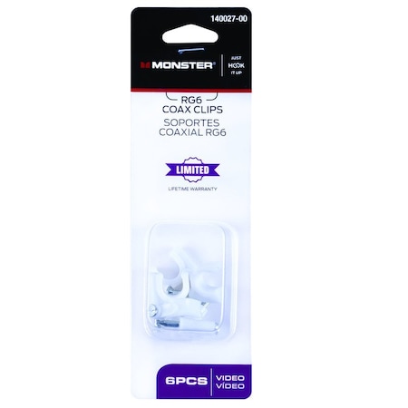 Monster Cable Cable Clip, White, 0.85 in L, 6 PK 140027-00