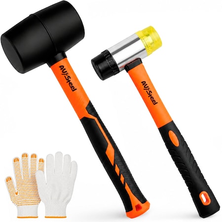 Av Steel Rubber Mallet Hammer Set, 16oz Rubber Hammer, 33mm Double-Faced Soft Mallet and Gloves, 2pcs AV-150100