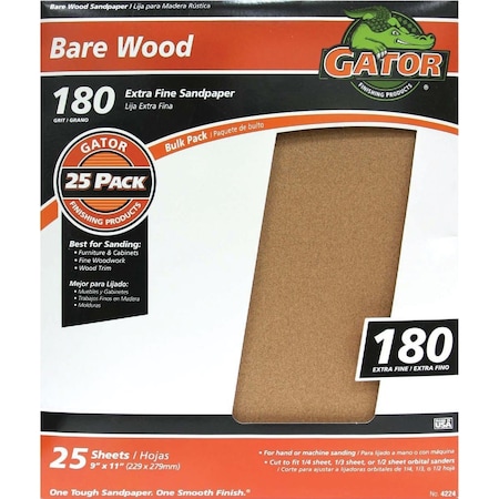 Gator Blade Bare Wood 9''x11'' 180 Grit Extra Fine Sandpaper, 25PK 4224