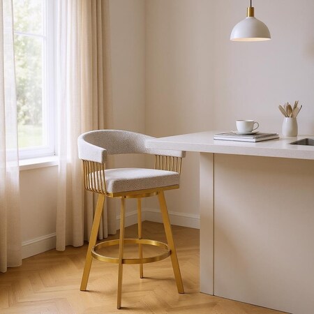 Homeroots 26" Taupe and Gold Fabric and Stainless Steel Low Back Counter Height Swivel Bar Chair 569146