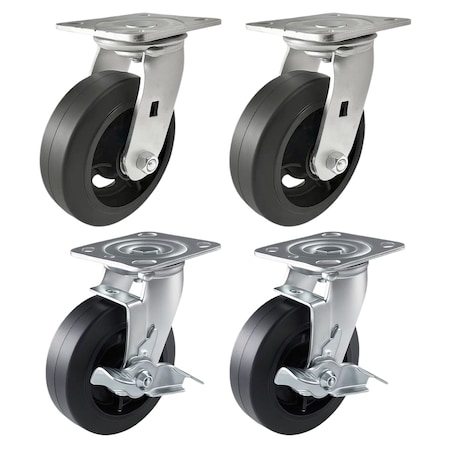 Hyw Products Heavy Duty Caster Set 6in Rubber on Cast Iron Wheels, 2 Swivel & 2 Swivel with Brake, 4PK 40-60S-A1-RC-2,40-60S-A1-RC-TB-2