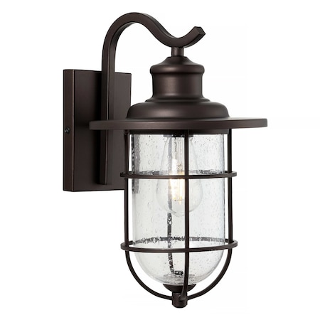 Jonathan Y Westfield 10.5" 1-Light Iron/Seeded Glass Rustic Industrial Cage LED Outdoor Sconce, Oil Rubbed Bronz JYL7604A