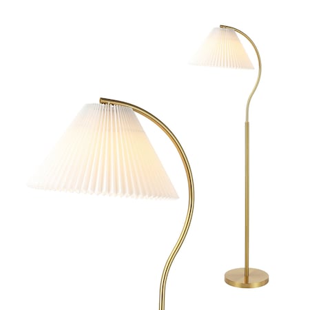 Jonathan Y Devon 60.5" Modern Glam Metal Arc LED Floor Lamp with Pleated Shade, Brass Gold/White JYL1148A