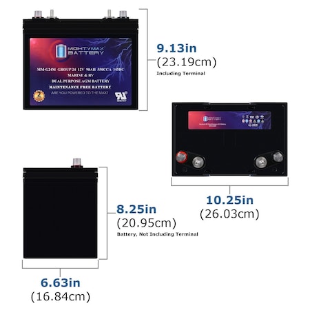 Mighty Max Battery MM-G24M, 12V 90Ah, Group Size 24M Deep-Cycle Marine AGM, 550 CCA, 700 MCA, 145 RC, Battery MAX4165860