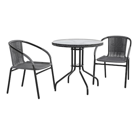 Flash Furniture Round Table Set, Aluminum, Glass, Metal, Plastic, Rattan, Clear TLH-087RD-037GY2-GG