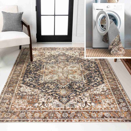Jonathan Y Chapell Chenille Traditional Medallion Non-Slip Machine-Washable Black/Terra 5 ft. x 8 ft. Area Rug WSH203A-5