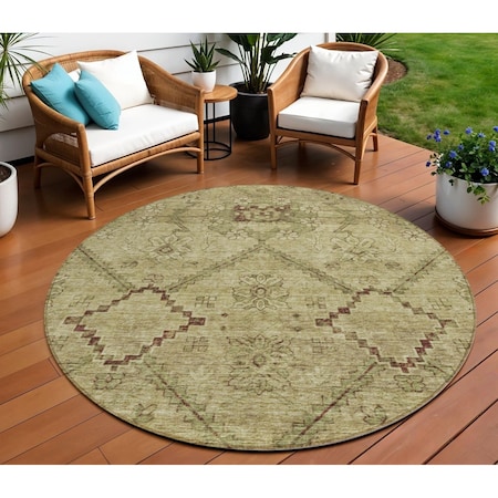 Homeroots 8' Brown Beige And Artichoke Green Round Floral Washable Indoor Outdoor Area Rug 588884