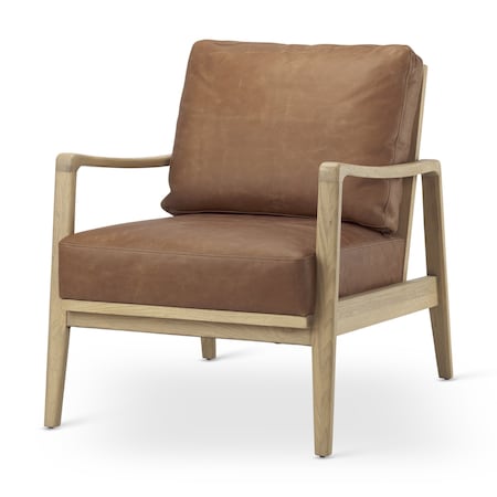 Homeroots 34" Brown and Natural Genuine Leather and Solid Wood Arm Chair 606012