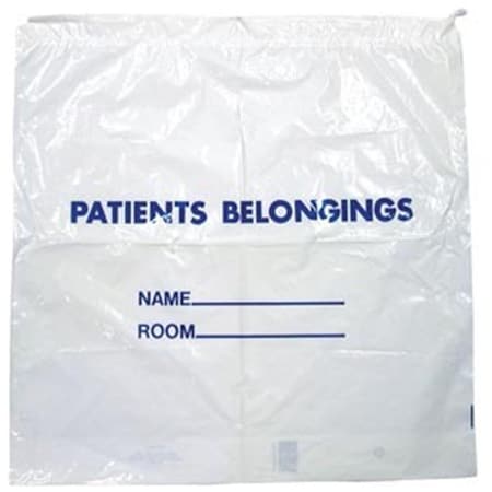 Dukal Patient Beloging Bag- white with blue print- drawstring- 20 in. x 20 in Plus 4 in.- 1.3 mil. DSPB01