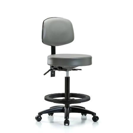 Blue Ridge Ergonomics Vinyl Stool, Back, High Bench, Foot Ring, Casters, Sterling BR-VHBST-RG-T0-BF-RC-8840