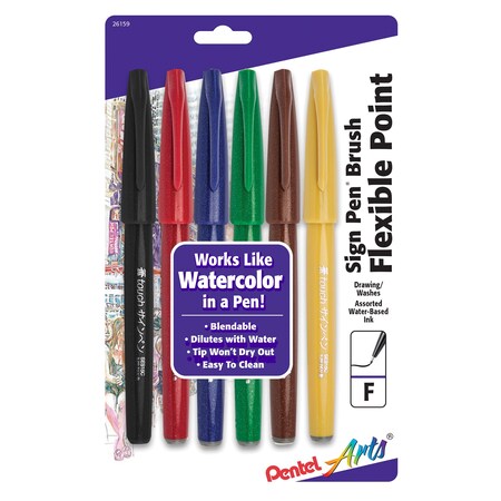Pentel Sign Pen Brush Tip, Assorted Colors, 6-Piece Set SES15CBP6M