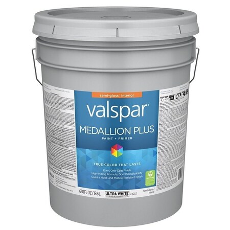 Valspar Medallion Plus 2700 Latex Paint, Acrylic Base, Semi-Gloss Sheen, Ultra White Base, 5 gal 028.0024002.008