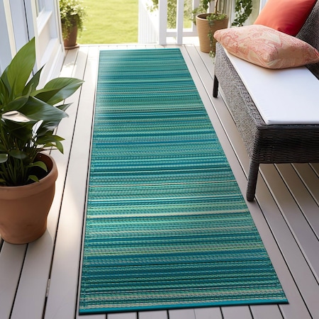 World Rug Gallery Contemporary Stripe Reversible Plastic Runner Rug 2 ft 6 in x 8 ft Blue 6058BLUE27X8