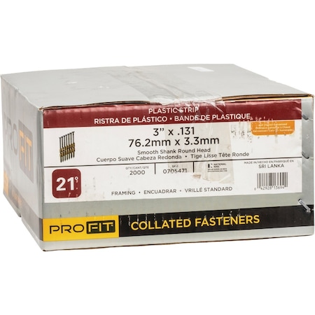 Pro-Fit 3''x0.131'' 21Deg Plastic Strip Smth Shank Round Head Hot Dipped Glvnzd Framing Stick Nails, 2000 Ct. 705471