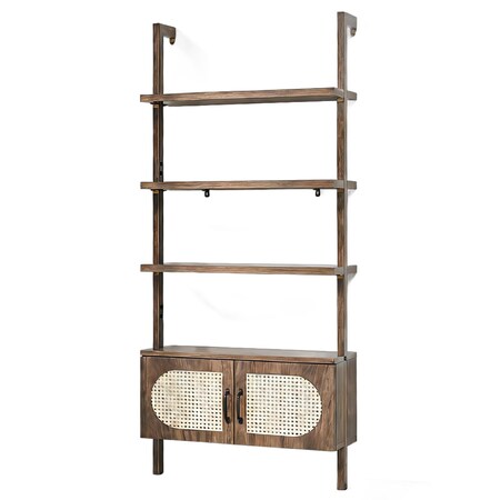 Homeroots 72" Light Brown Wood Adjustable Four Tier Etagere Bookcase with Two Doors 717454