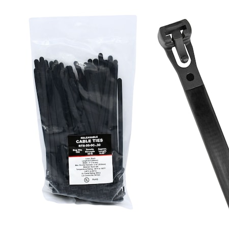 Cable Ties Unlimited Releasable Cable Tie, 8 in L, 50 lb Strength, 2.2 in Max Bundle Dia, Nylon, UV-Rated, Black, 100PK RT8-50-0C-.30