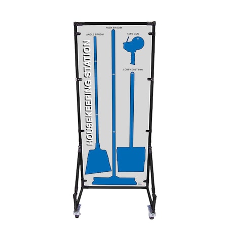 5S Supplies Housekeeping Shadow Board Broom Station V7, Gray / Blue, Kit + Stand HSB-V7-GRAY/BLUE-KIT-STAND
