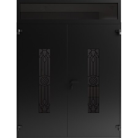 Vdomdoors Front Exterior Prehung Aluminum Double Doors Ronex1477 Black Enamel Top Transom Mirrored Clear RONEX1477DEXD-BLK-W72xH80+14-LH-I