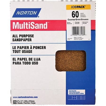 Norton Co MultiSand 076607 Sanding Sheet, 11 in L, 9 in W, Coarse, 60 Grit, Aluminum Oxide Abrasive 68108