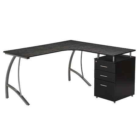 Homeroots 59" Espresso Wood and Stainless Steel L Shape Computer Desk With Two Drawers 723746